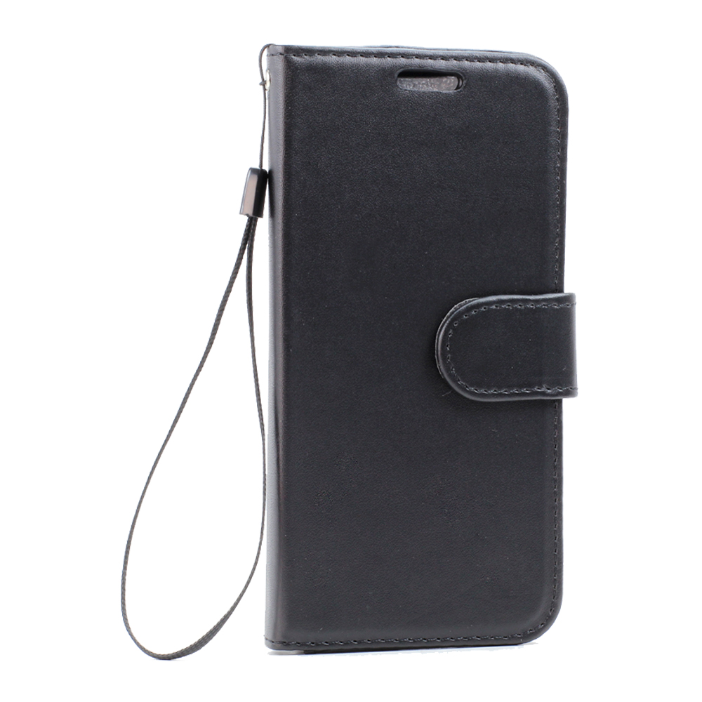 Galaxy S7 Edge Folio Flip LEATHER Wallet Case with Strap (Black)